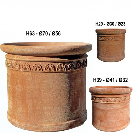 three terracotta cylinders with an ornate border