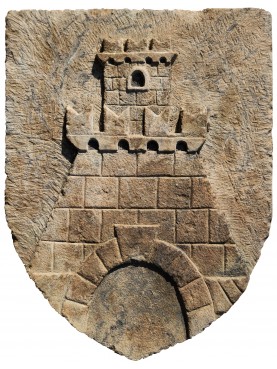 Coat of arms in stone fortress with tower