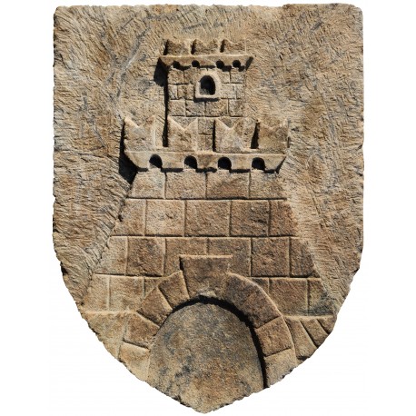 Coat of arms in stone fortress with tower